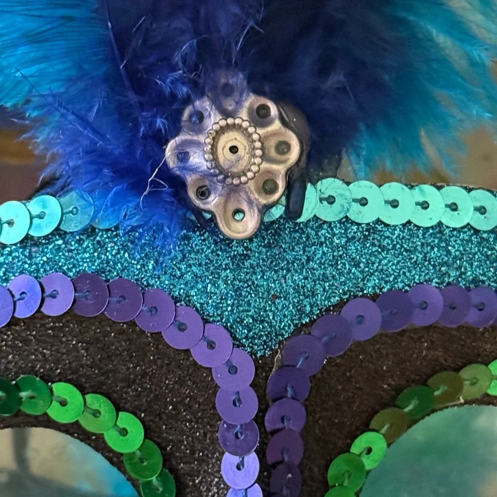 Colorful Feathered Masquerade Mask turquoise green cobalt blue sequined feathers
